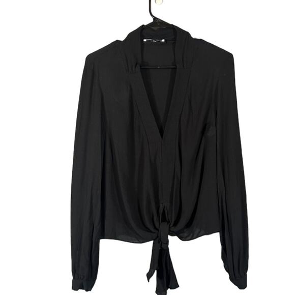 MNG by Mango Black Tie Knot Front Long Sleeve V-Neck Blouse Women Sz 8 - Picture 1 of 7